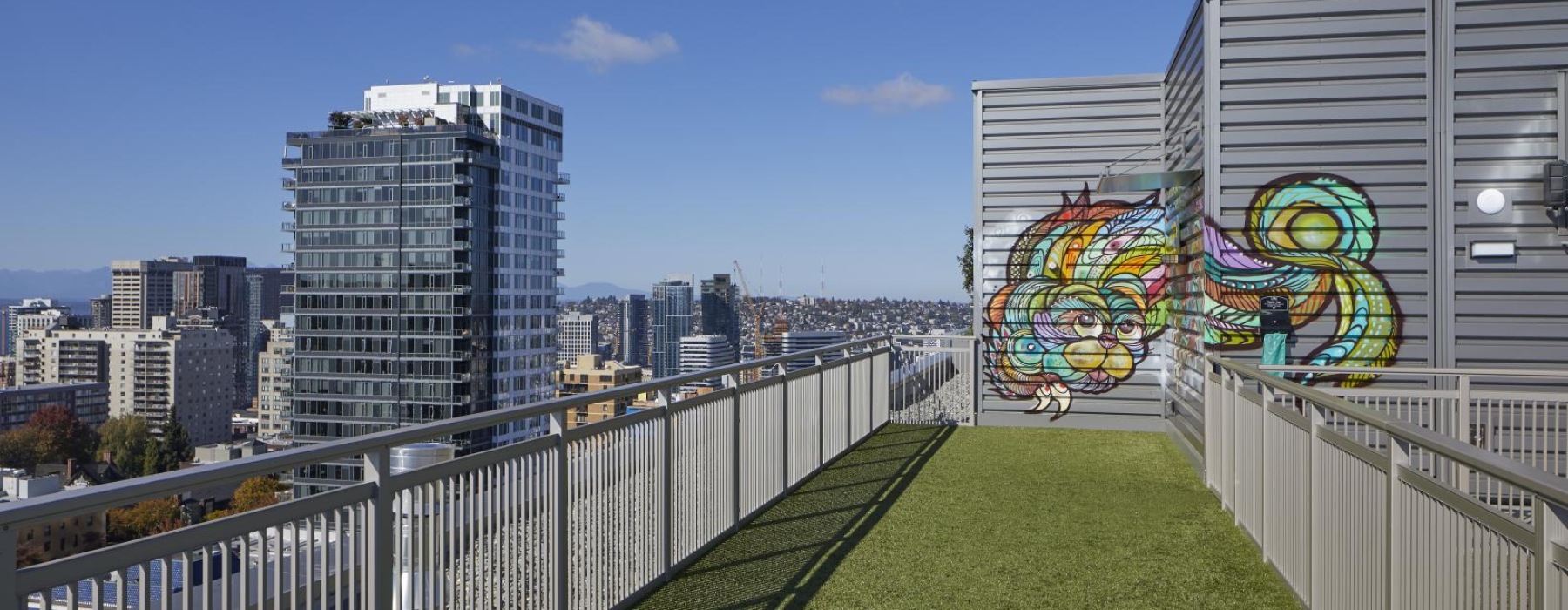 a rooftop fence and a city