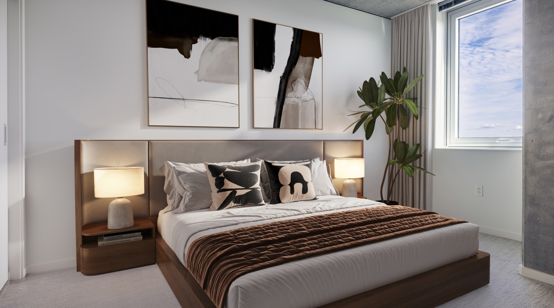 Bed with to side tables and lights